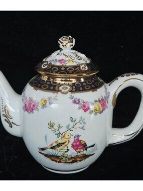 Tournay Fine Porcelain Floral Teapot W/ Floral & Bird Design Gold Accents Navy